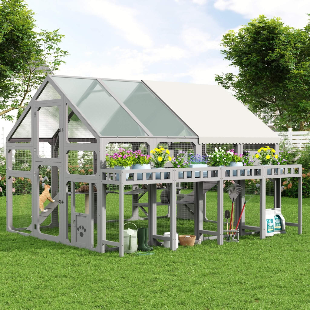 Large 94-Inch Outdoor Wooden Cat House With Planter & Walk-In Catio (SAK97531)