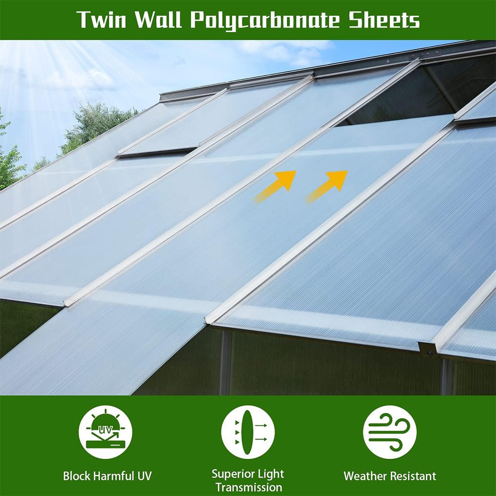 [10X12FT] Large Heavy-Duty Outdoor Walk-In Polycarbonate Aluminum Frame Greenhouse With Adjustable Vents & Sliding Doors (SAK93648)