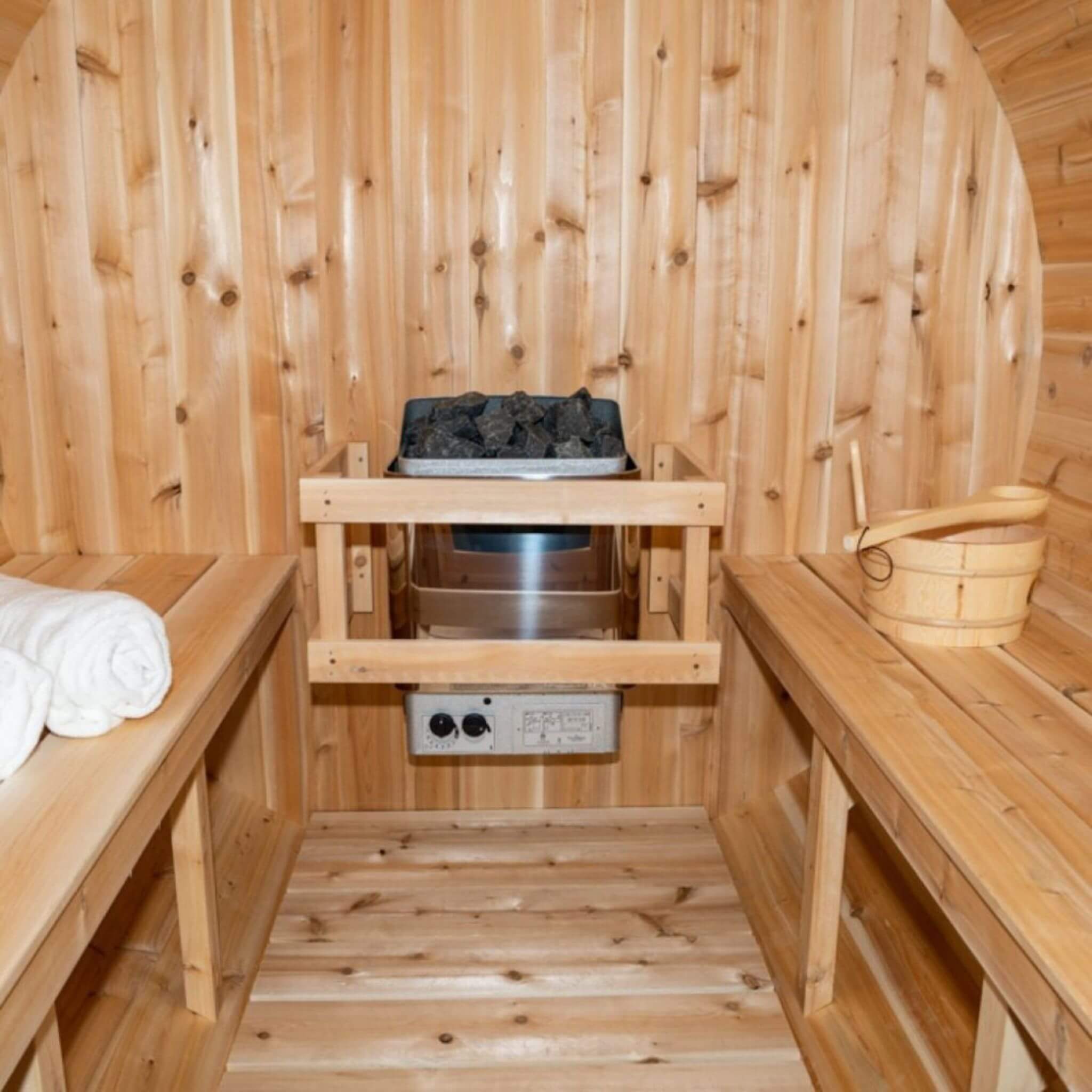 Dundalk Leisurecraft 84-Inch 4-Person Canadian Timber Harmony Barrel Sauna With Solid Wood Benches [CTC22W] (SAK96842)