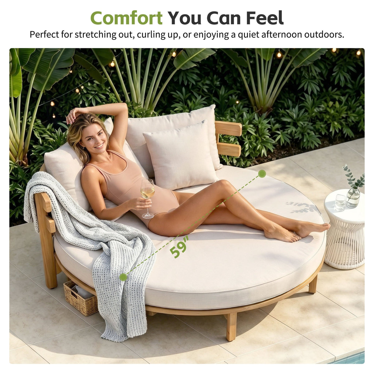 Alora Luxury Outdoor Acacia Wood Round Daybed With Cushions And Pillows (SAK40613)