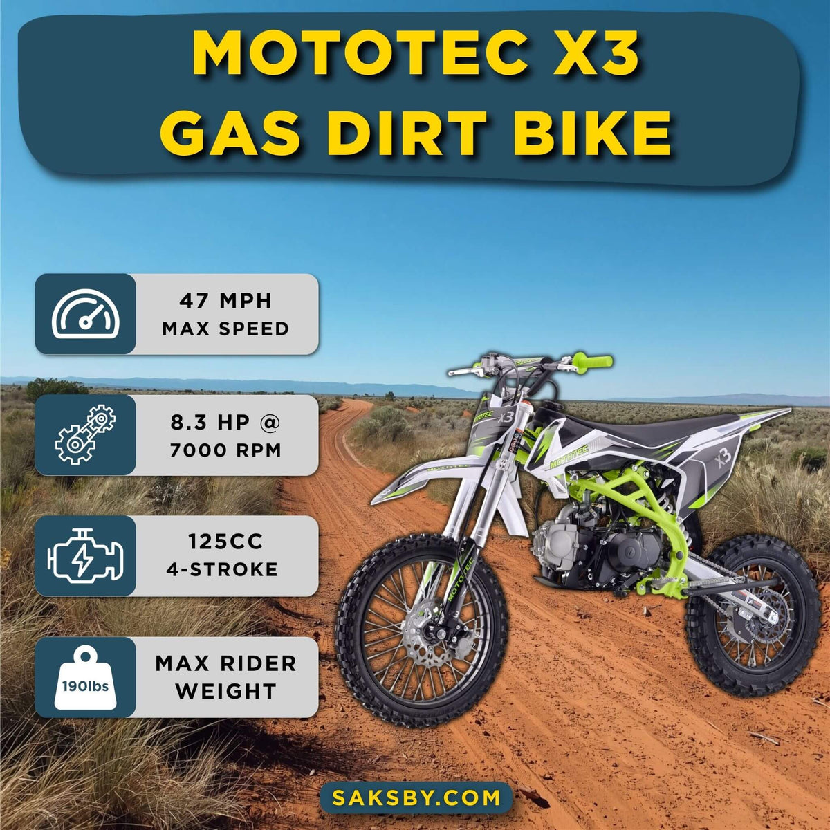 MotoTec X3 125CC 4-Stroke Green Gas-Powered Dirt Bike (SAK86035)