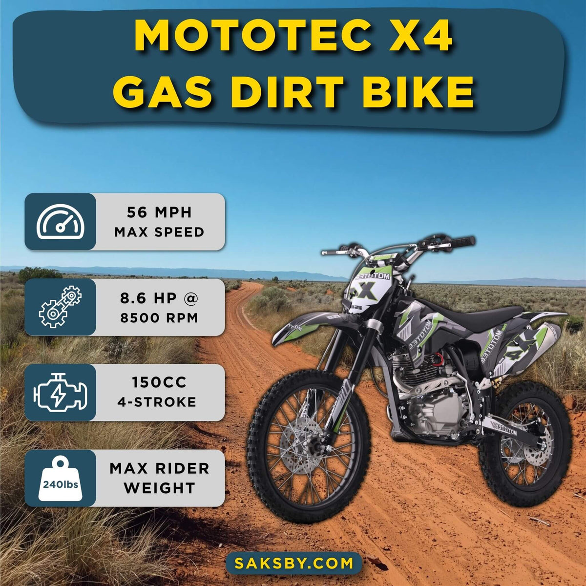 MotoTec X4 150CC 4-Stroke High-Performance Gas-Powered Dirt Bike (SAK95731)