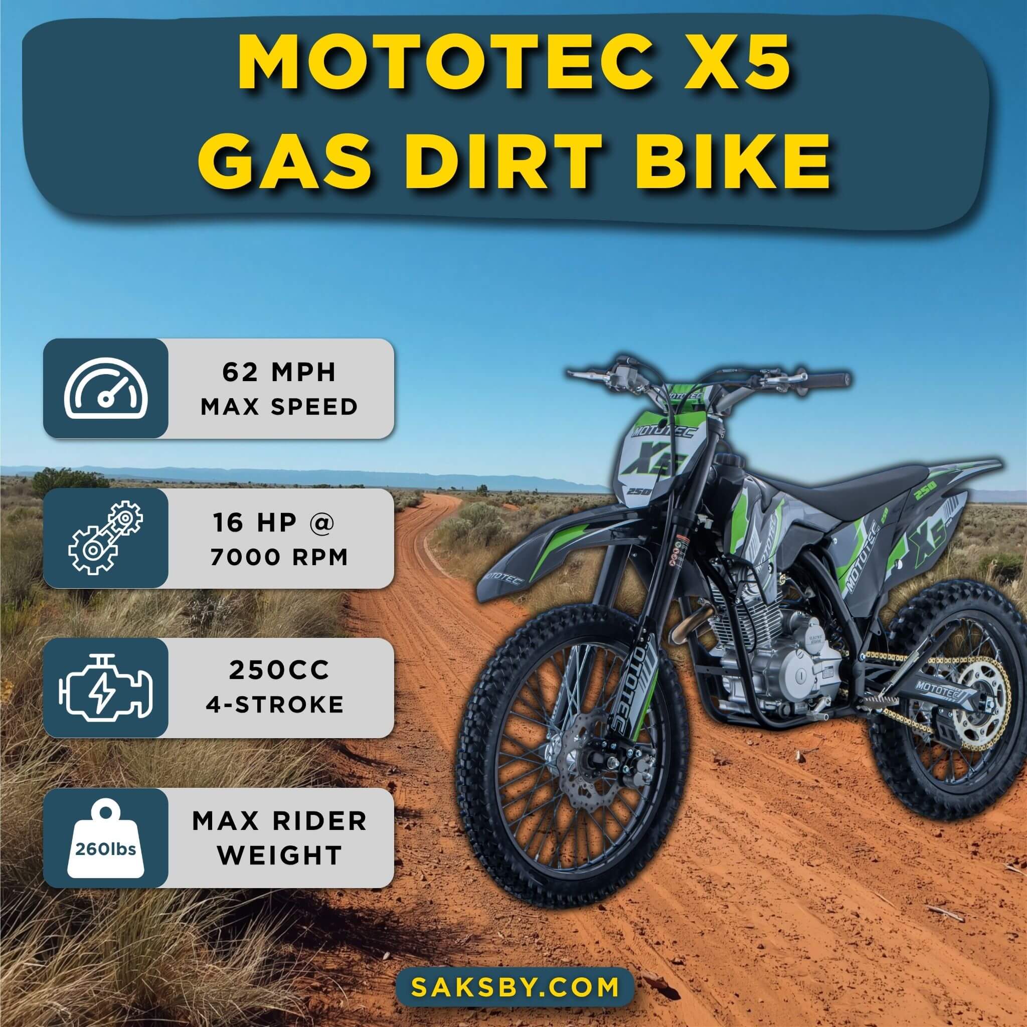 MotoTec X5 250CC 4-Stroke High-Performance Off-Road Gas Dirt Bike, Black (SAK39425)