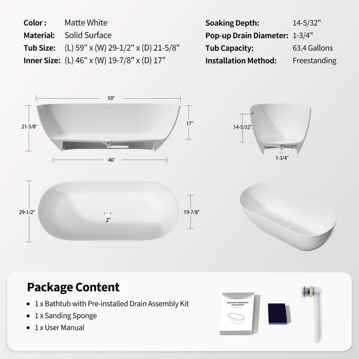 Nuvia Wavecrest 59-Inch Luxury Solid Surface Matte White Freestanding Soaking Tub (SAK95320)