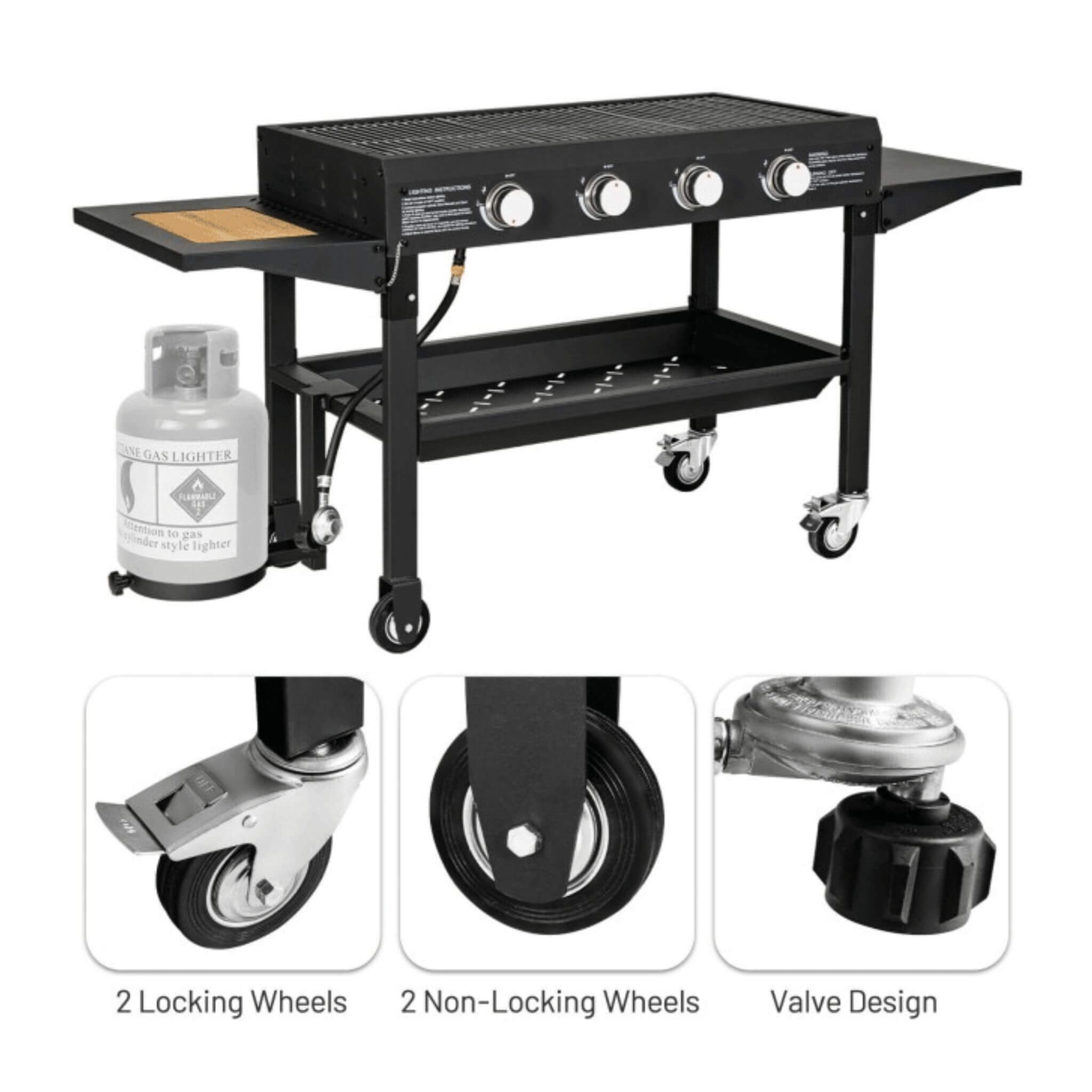 Portable Outdoor 60K BTU 4-Burner Propane Flat Top Gas Grill W/ Wheels (SAK66104)