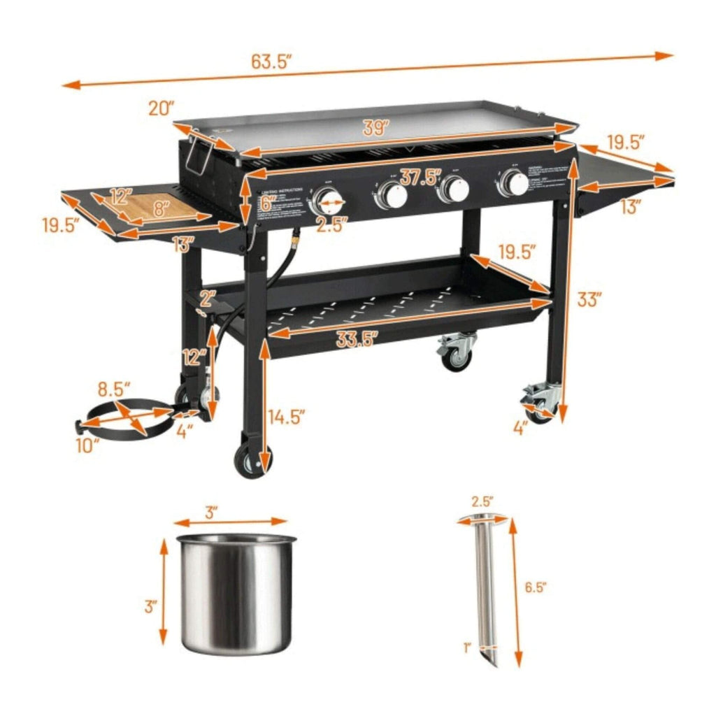 Portable Outdoor 60K BTU 4-Burner Propane Flat Top Gas Grill W/ Wheels (SAK66104)