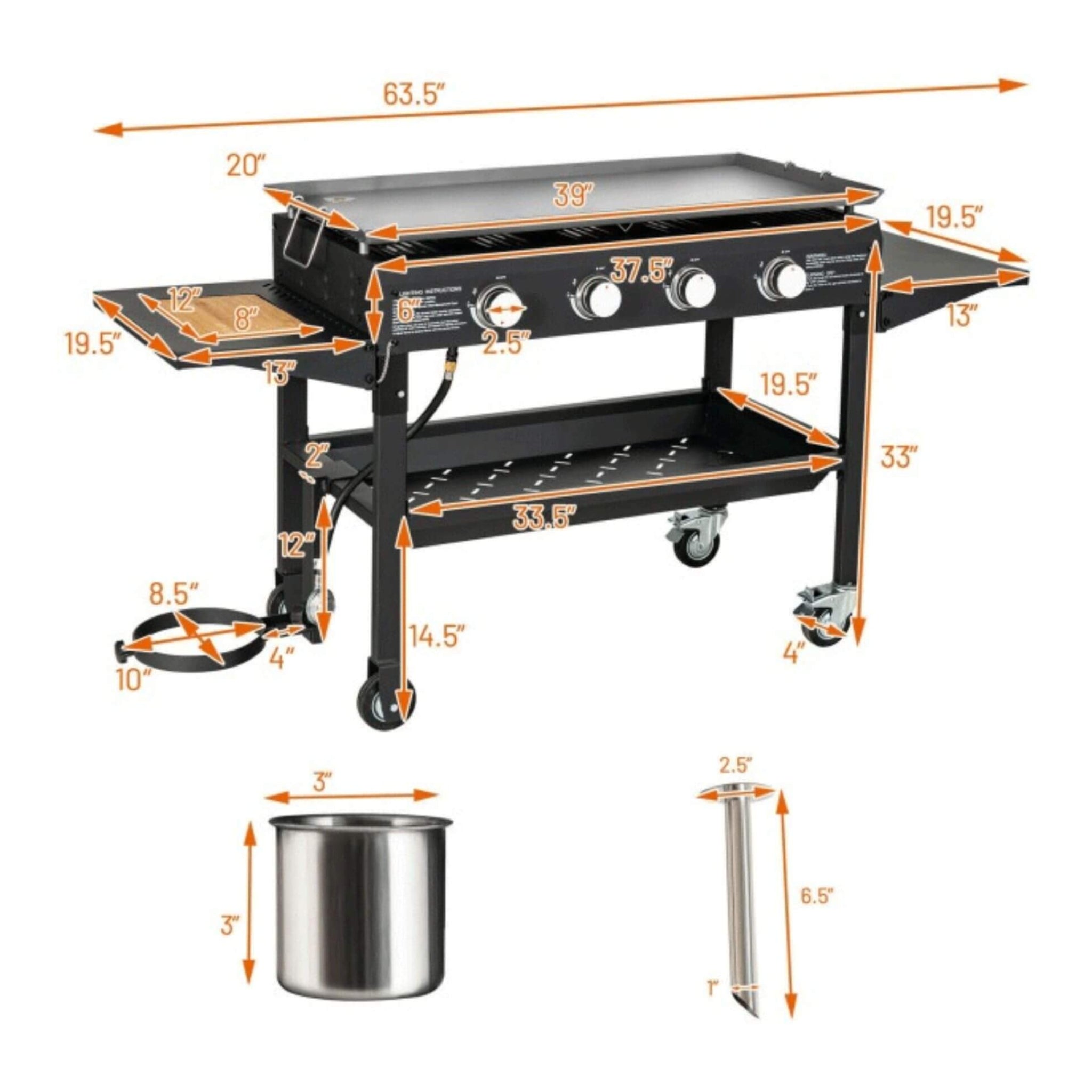 Portable Outdoor 60K BTU 4-Burner Propane Flat Top Gas Grill W/ Wheels (SAK66104)