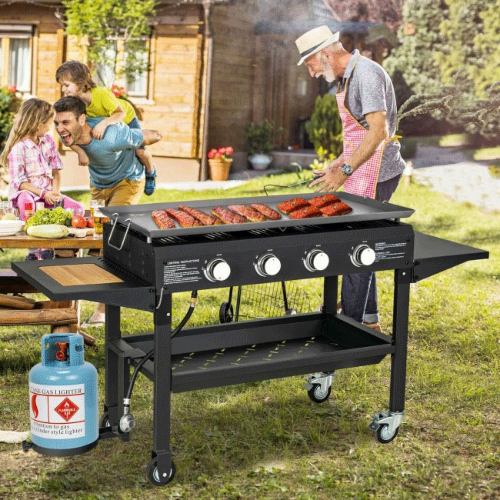 Portable Outdoor 60K BTU 4-Burner Propane Flat Top Gas Grill W/ Wheels (SAK66104)