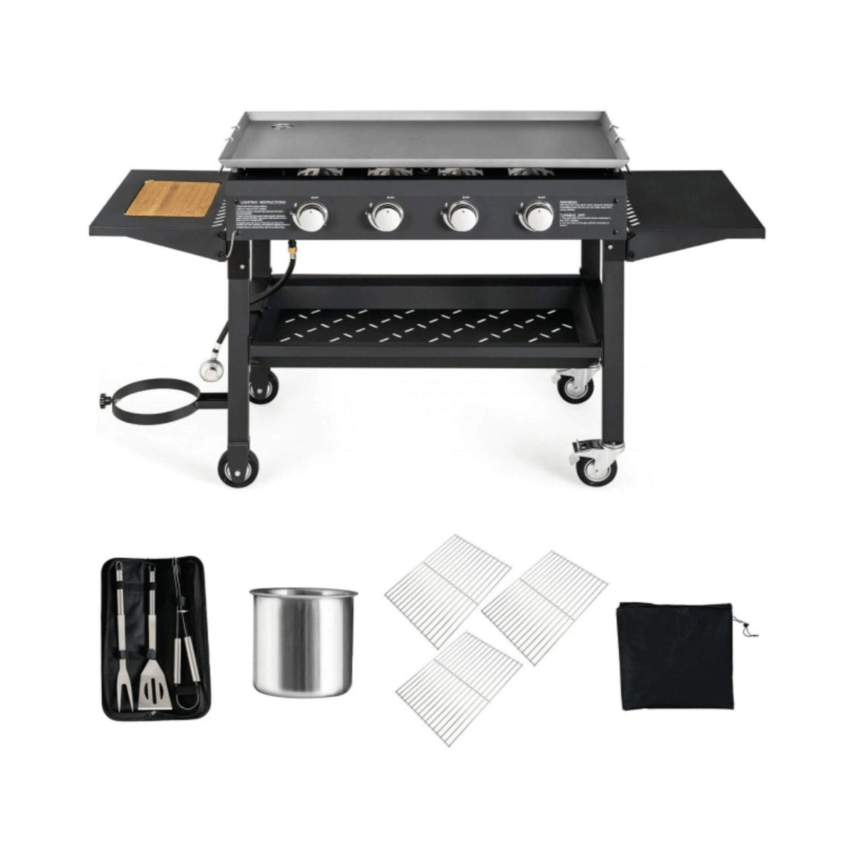 Portable Outdoor 60K BTU 4-Burner Propane Flat Top Gas Grill W/ Wheels (SAK66104)