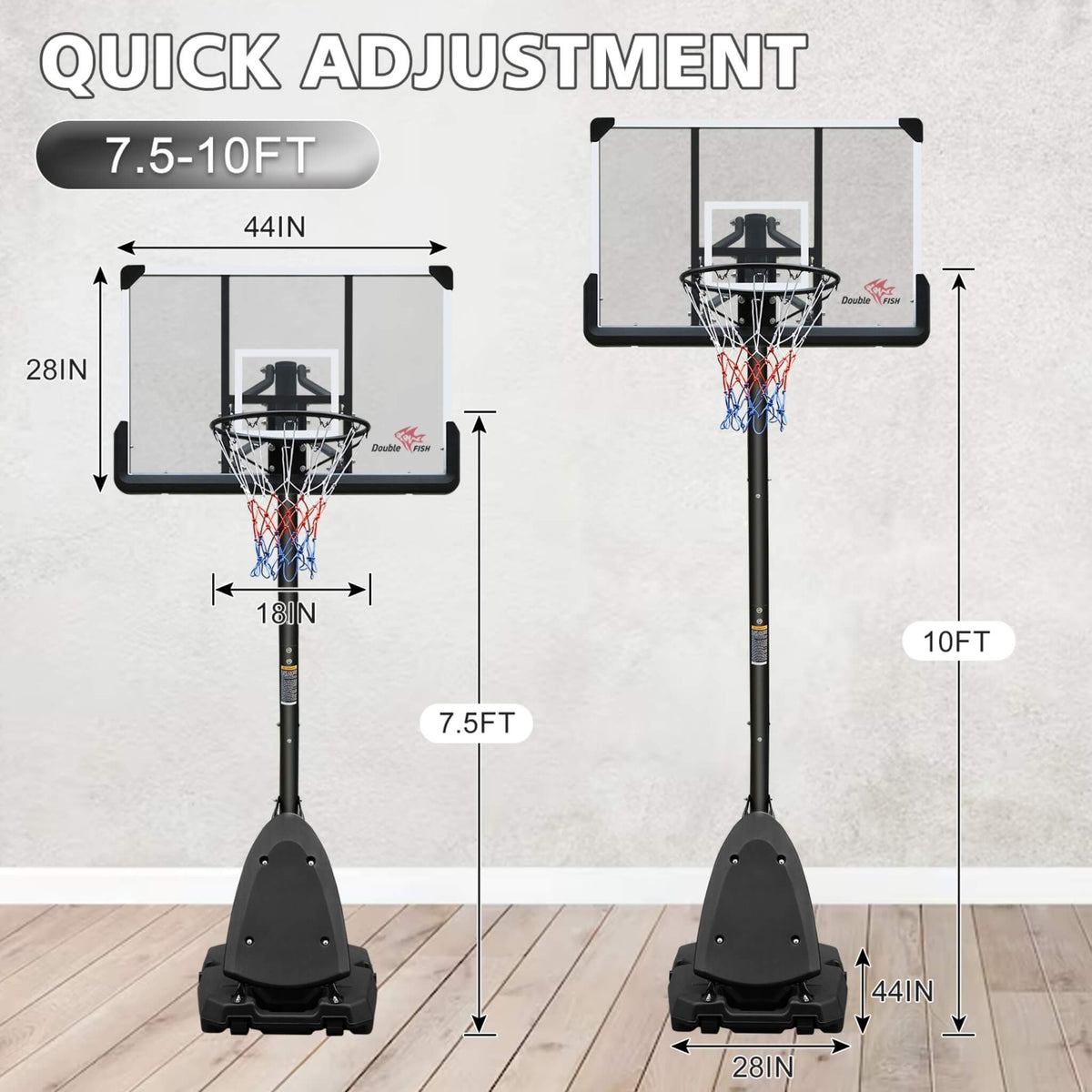 Portable Outdoor All-Weather Height Adjustable Basketball Hoop With 44-Inch Backboard And Wheels, 10FT (SAK58741)