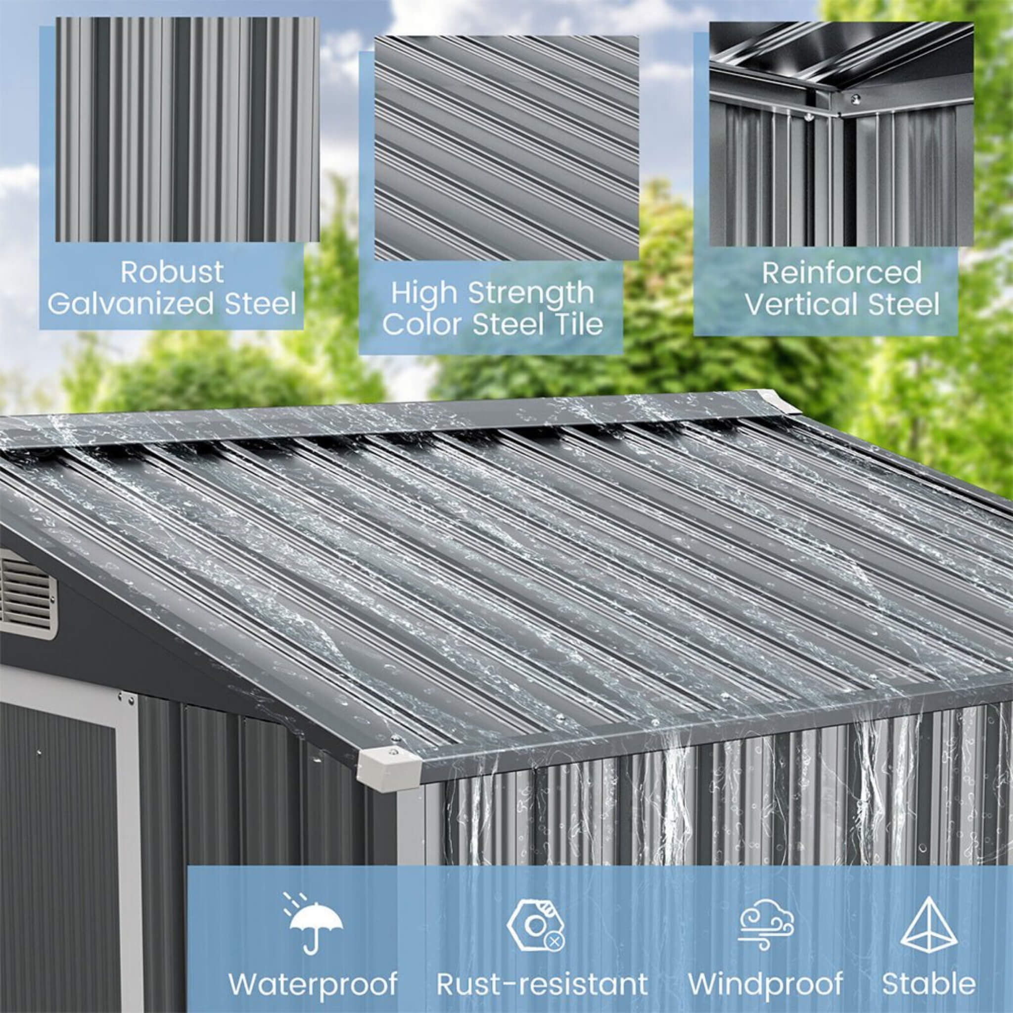 [04X06FT] Alora Premium Garden Galvanized Steel Storage Shed W/ Lockable Sliding Doors (SAK75842)