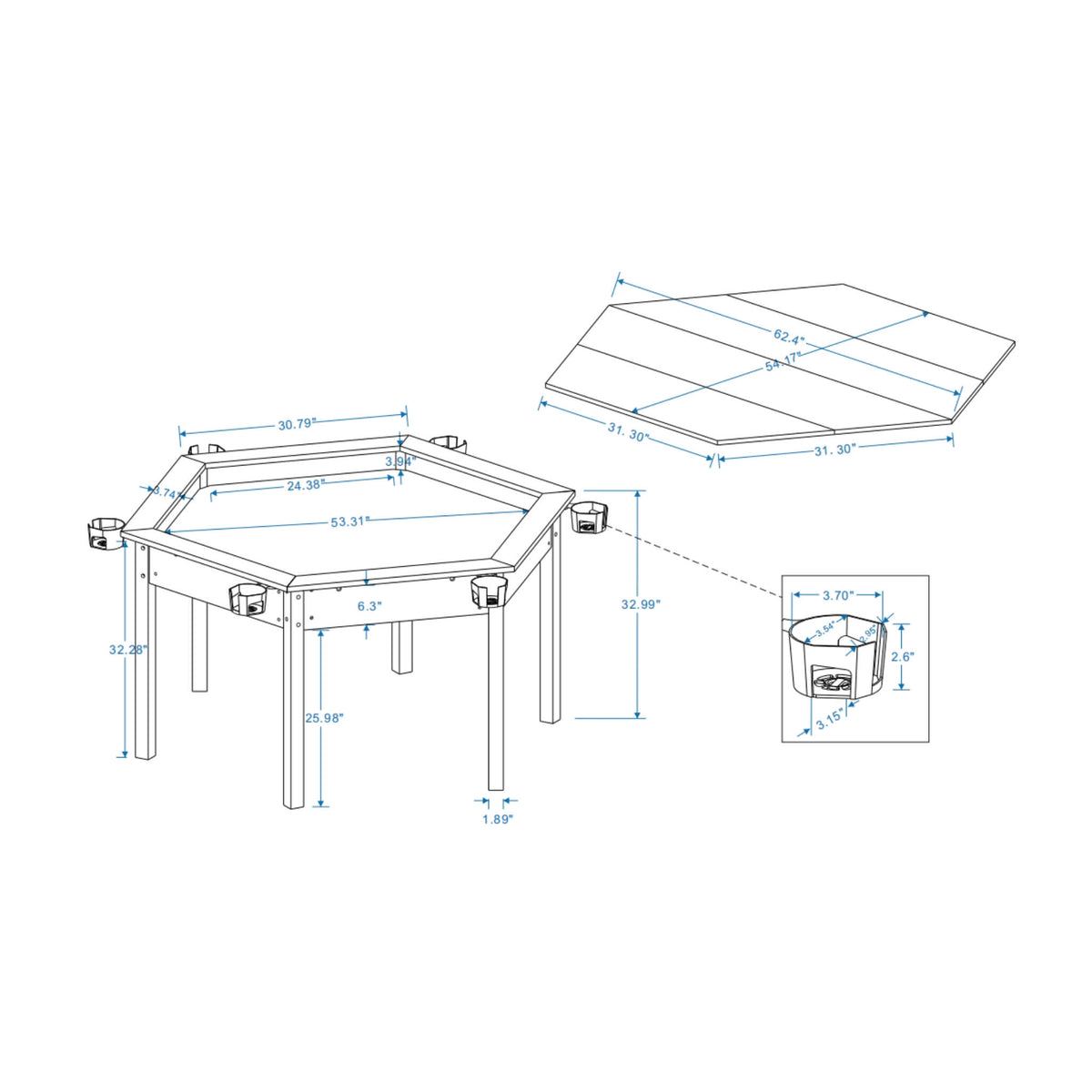 Premium 6-Person Hexagonal Game And Dining Table With Top, Mat And Cup Holders (SAK67845)