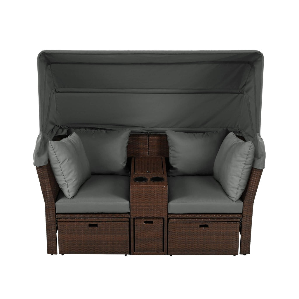 Alora Premium Outdoor 2-Seater Patio Daybed With Foldable Awning, Cushions, And Rattan Frame (SAK90233)