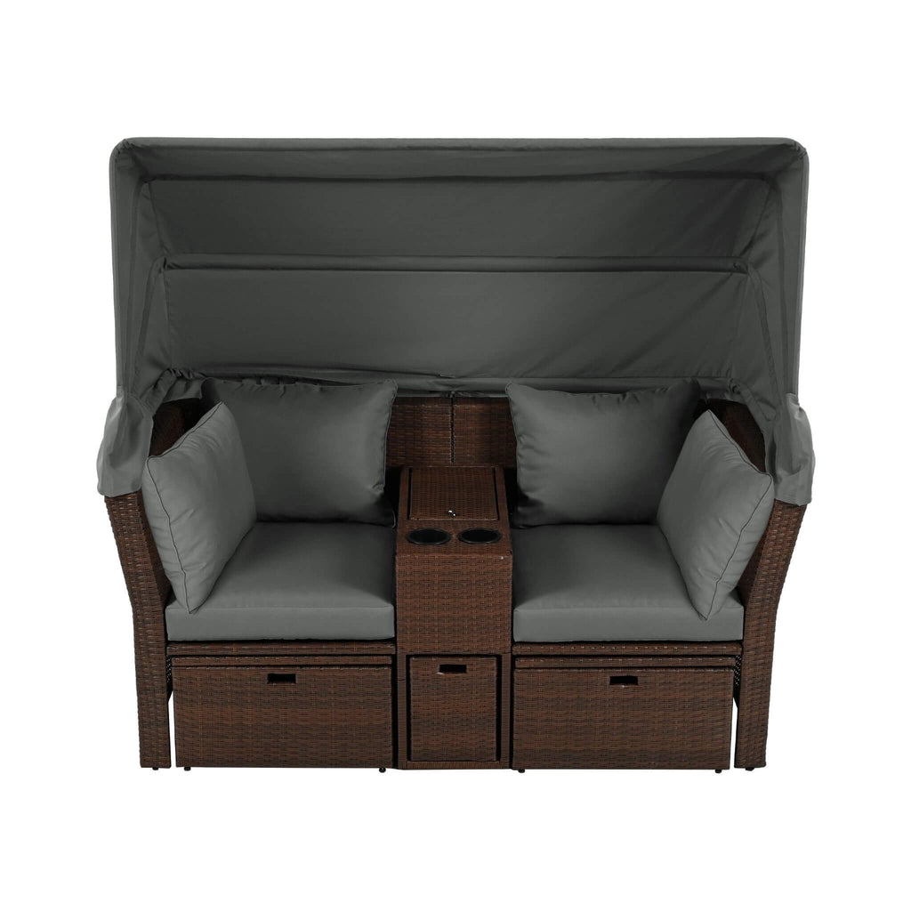 Alora Premium Outdoor 2-Seater Patio Daybed With Foldable Awning, Cushions, And Rattan Frame (SAK90233)