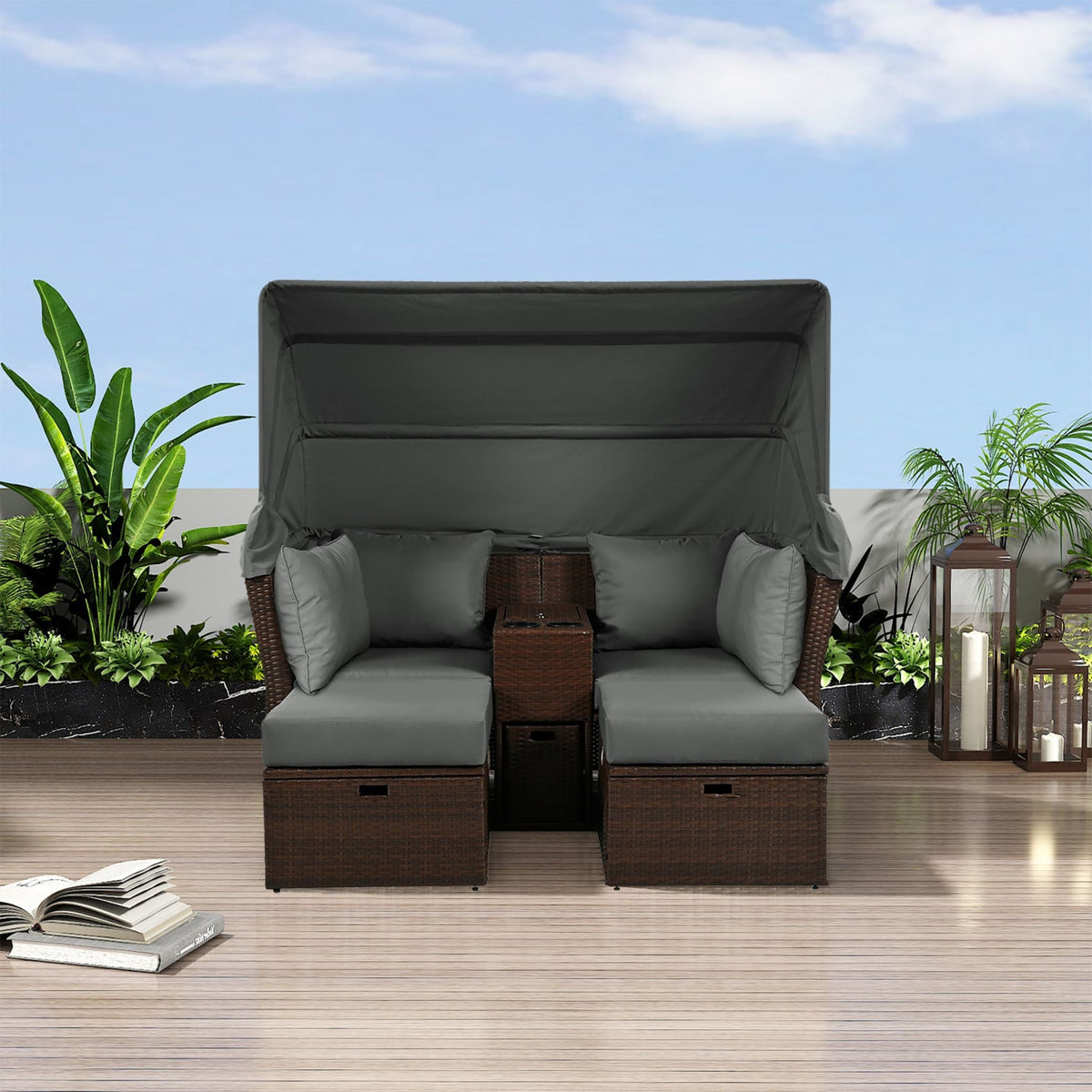 Alora Premium Outdoor 2-Seater Patio Daybed With Foldable Awning, Cushions, And Rattan Frame (SAK90233)