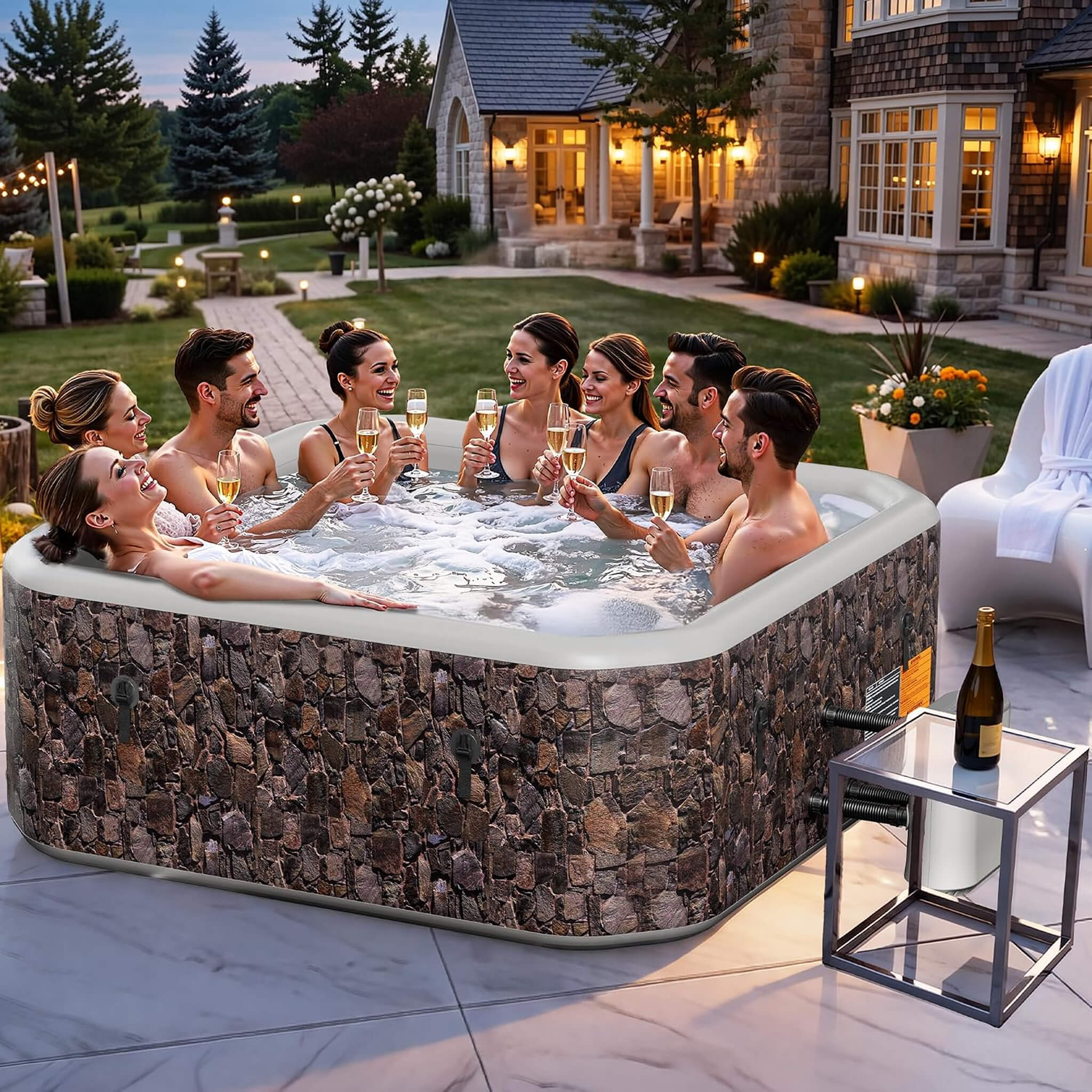 Premium 85-Inch Portable 8-Person Natural Stone Design Inflatable Square Hot Tub With 220 Massage Jets (SAK62731)