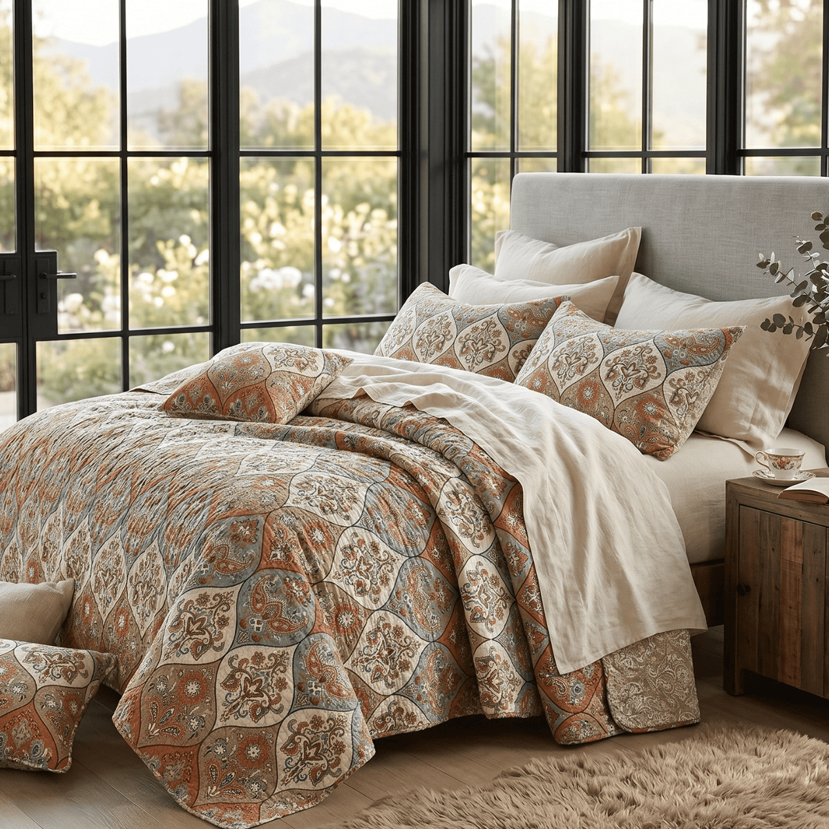DaDa Bedding Bohemian Floral Paisley Garden Coral Teal Quilted Bedspread Set (LH1403)
