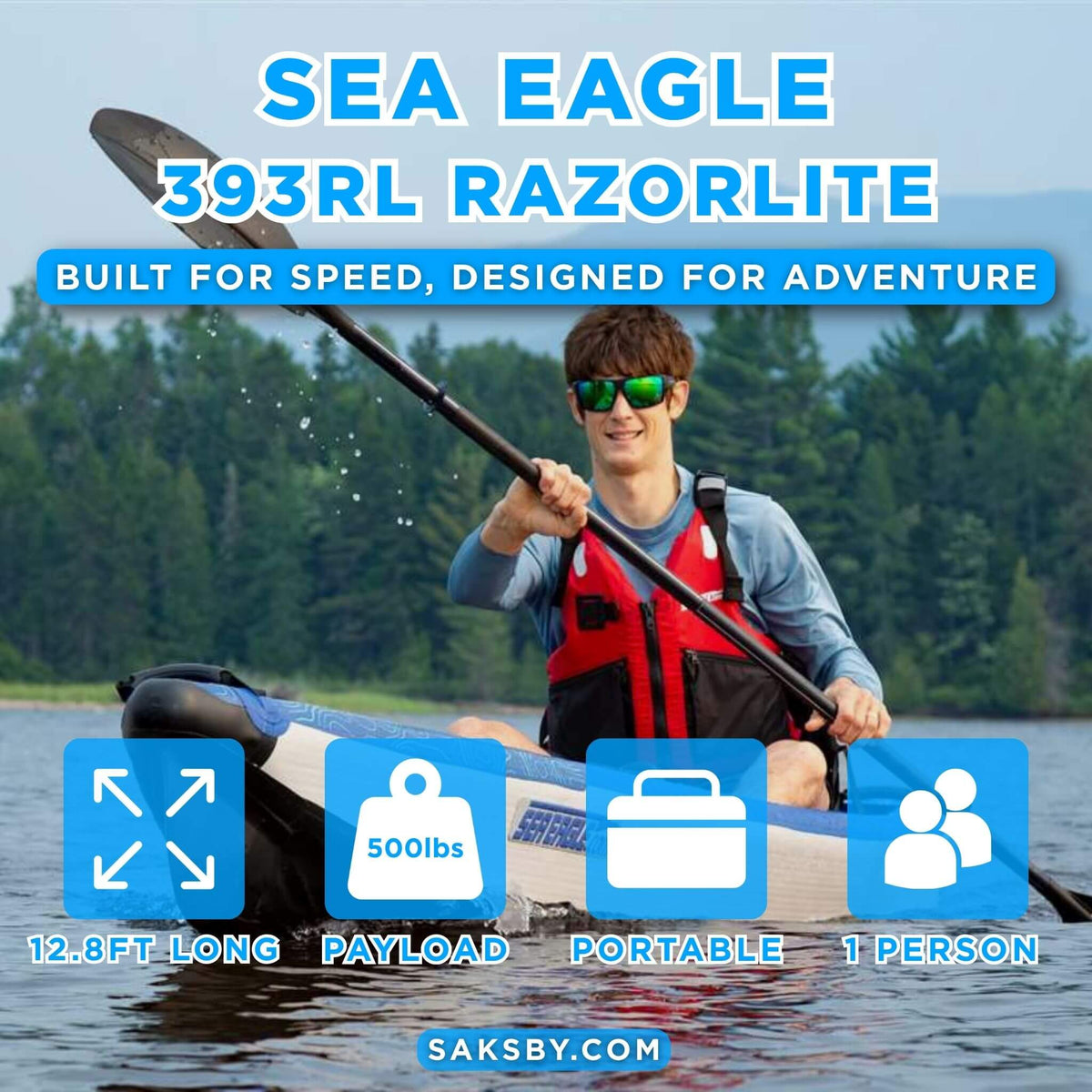Sea Eagle 393RL RazorLite 1-Person Inflatable Lightweight Kayak With Adjustable Footrests [393RLK] (SAK13961)