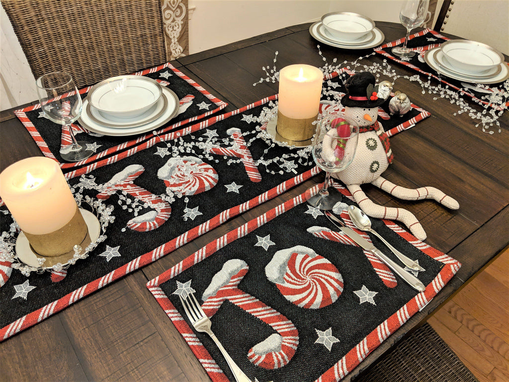 DaDa Bedding Set of 8 Pieces Peppermint Joy Holiday Table Tapestry - 4 Placemats, 2 Table Runners, 2 Throw Pillow Covers (12904)