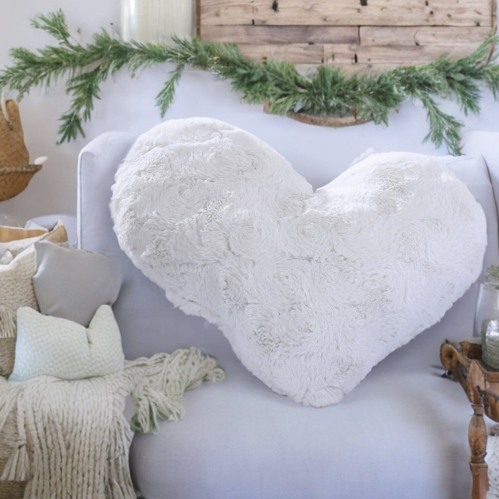 DaDa Bedding White Luxury Roses Romantic Plush Stuffed Heart Throw Pillow - 16” x 14”